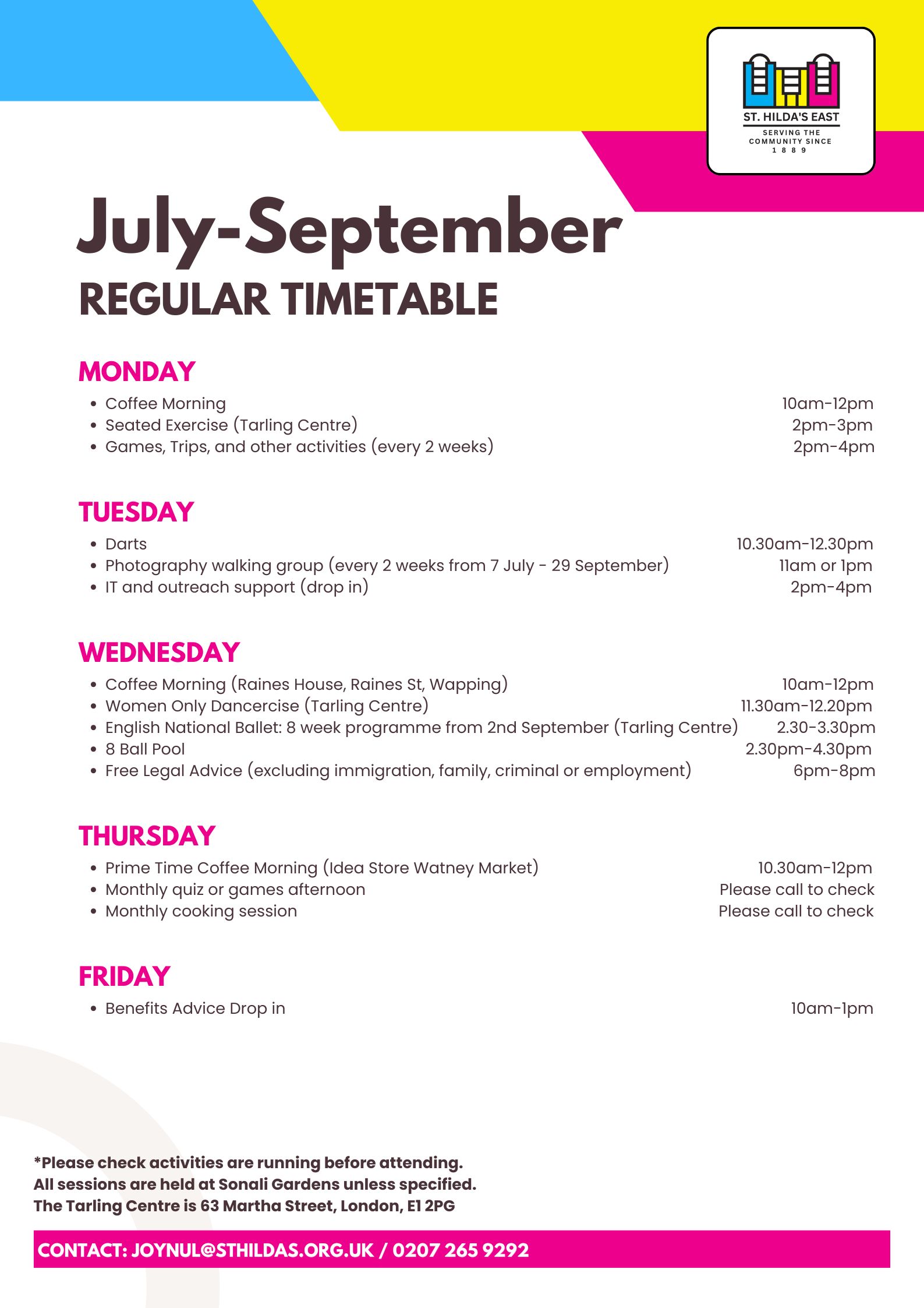 timetable with list of activities