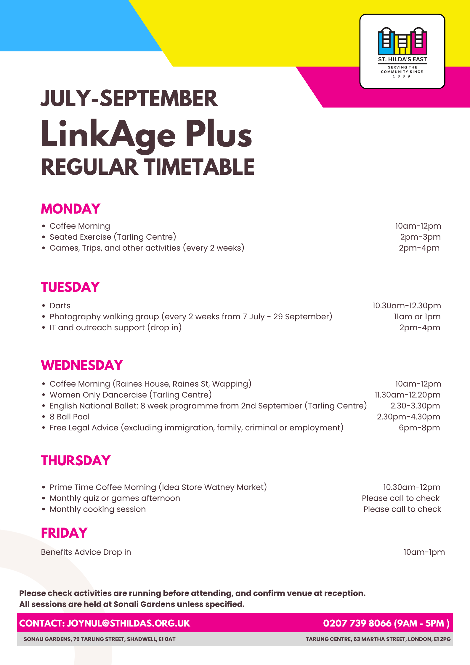 document with daily timetable outlining activities