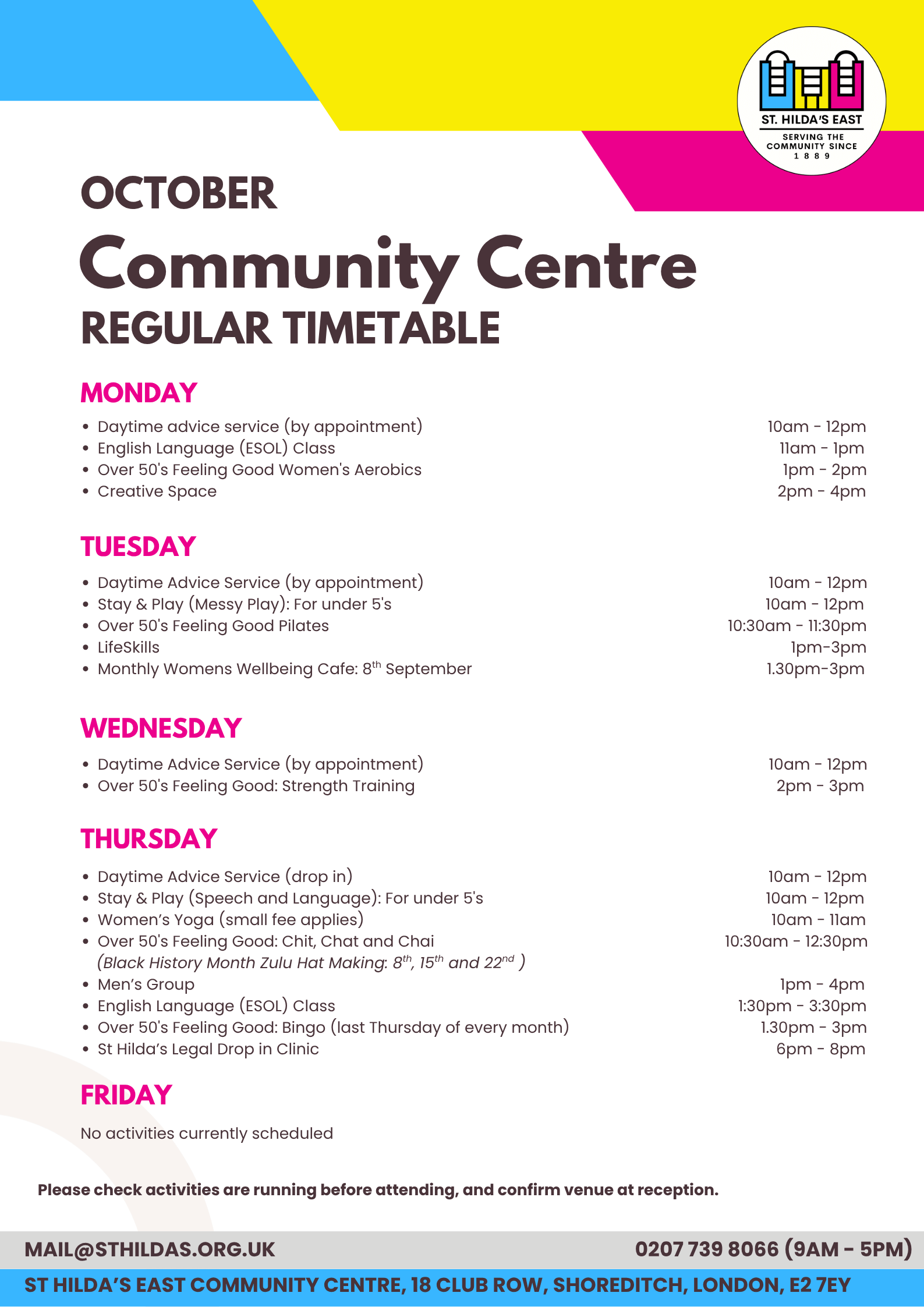 document with daily timetable outlining activities