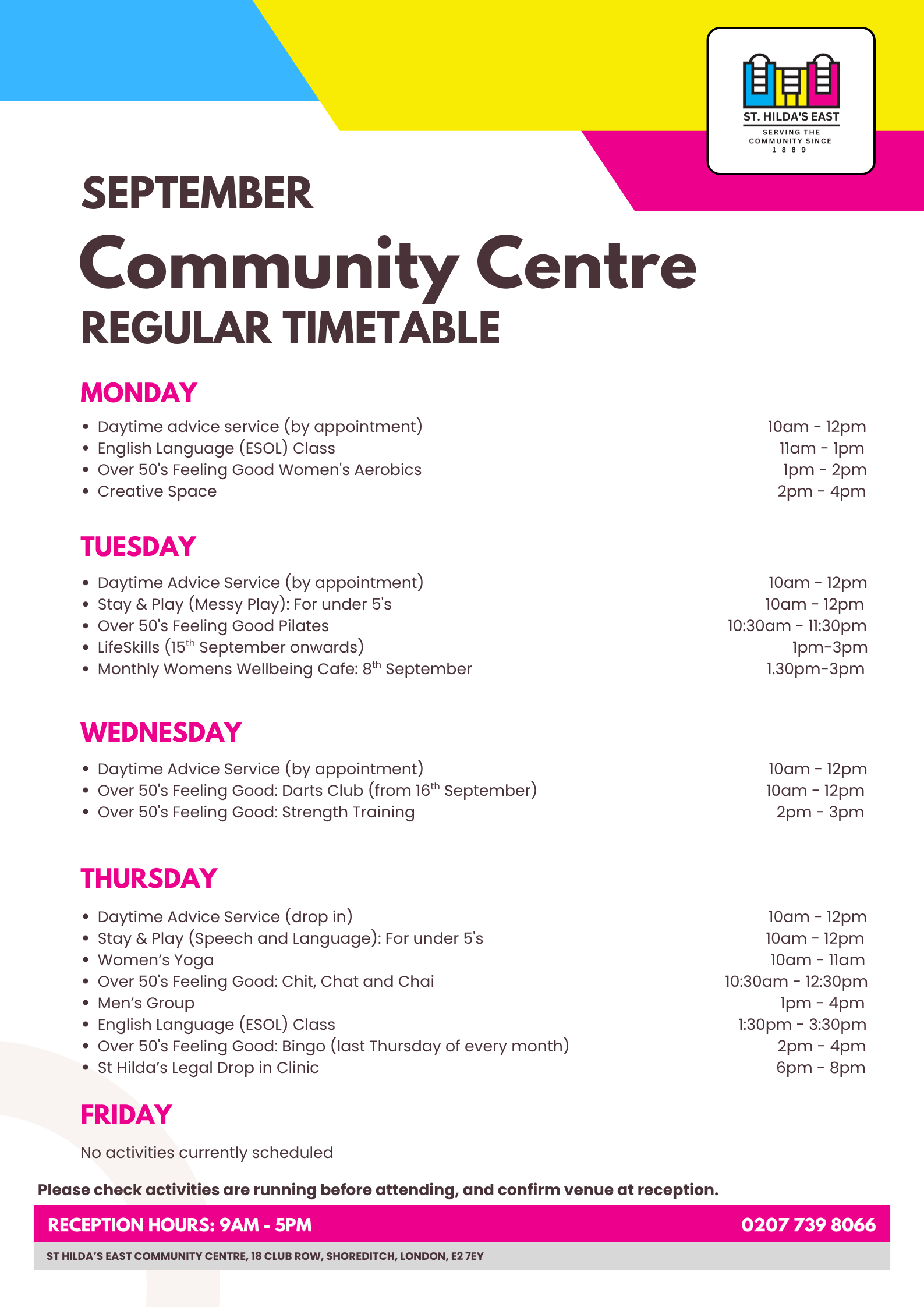 document with daily timetable outlining activities