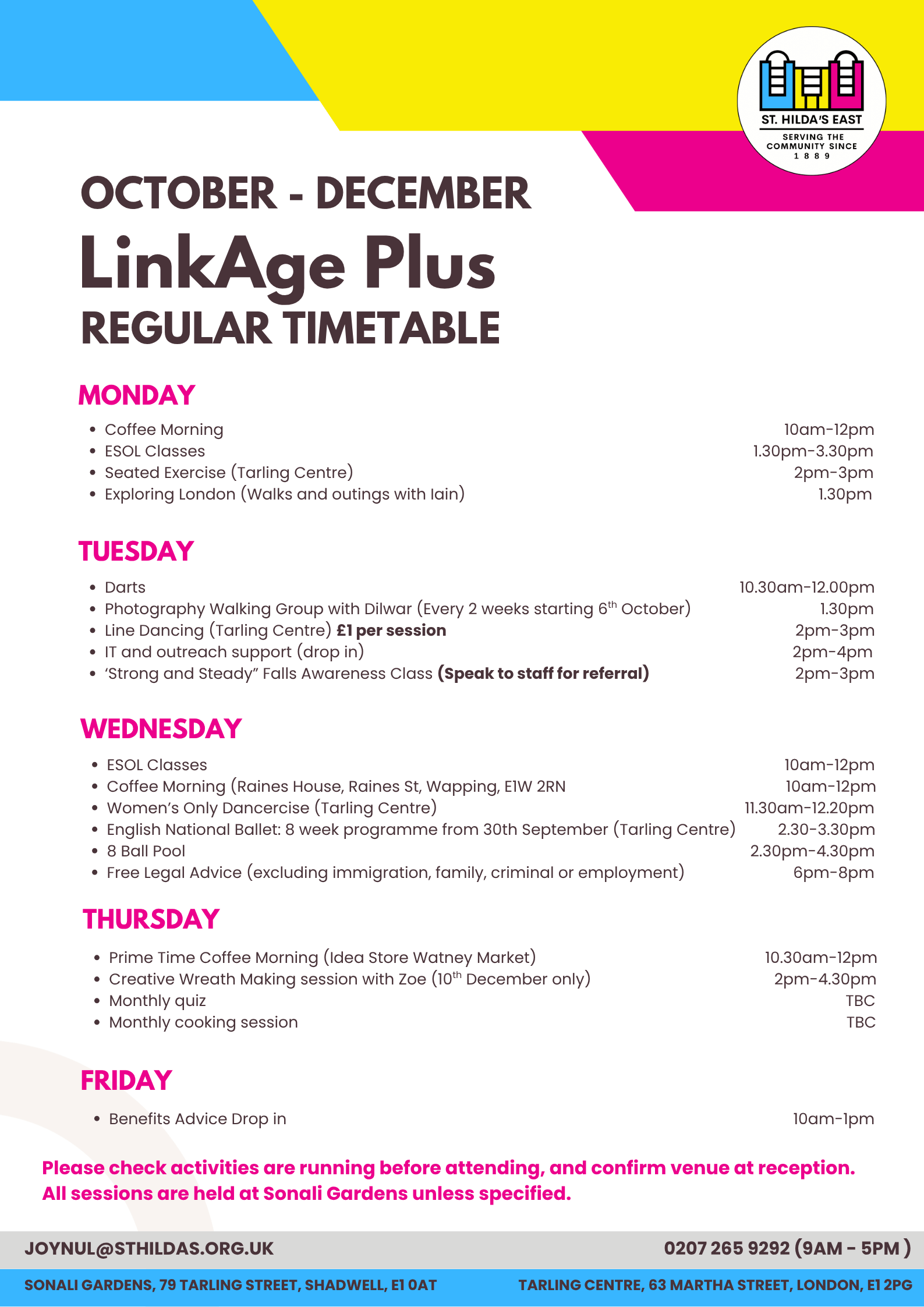 document with daily timetable outlining activities